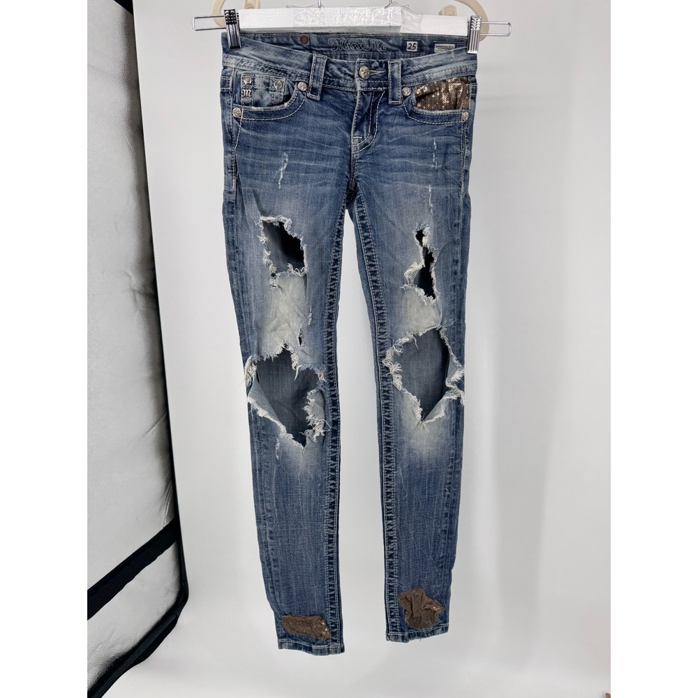Miss Me Jeans Size‎ 25 Signature Rise Cuffed Skinny Jeans Distressed Sequins